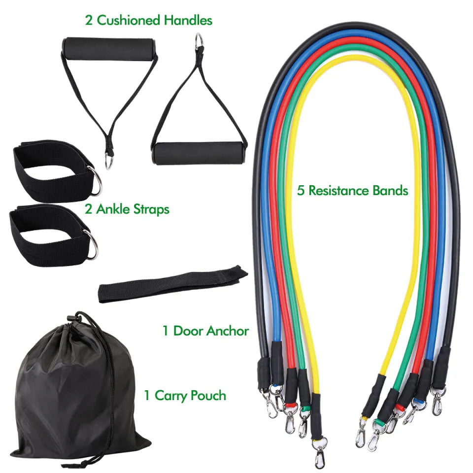 11-Piece Resistance Bands Set – Latex Workout & Home Gym Kit