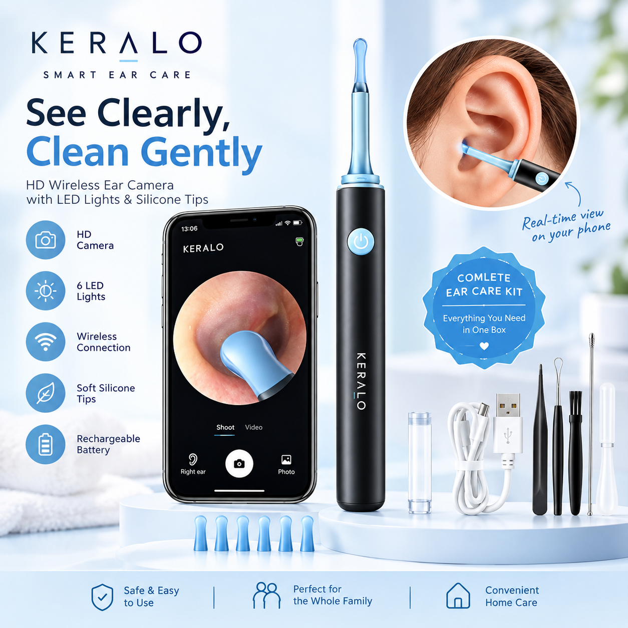 Smart Wireless Ear Camera – HD Ear Wax Cleaner with 6 LED Lights & Silicone Tips