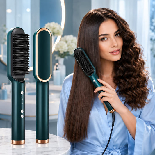 2-in-1 Electric Hair Straightener & Styling Brush – Ceramic Heated Comb