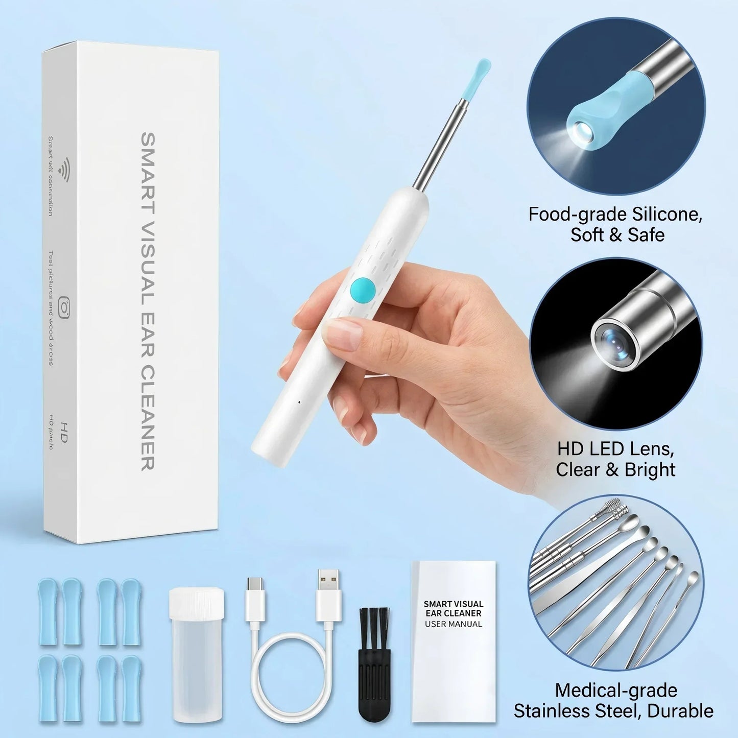 Smart Wireless Ear Camera – HD Ear Wax Cleaner with 6 LED Lights & Silicone Tips