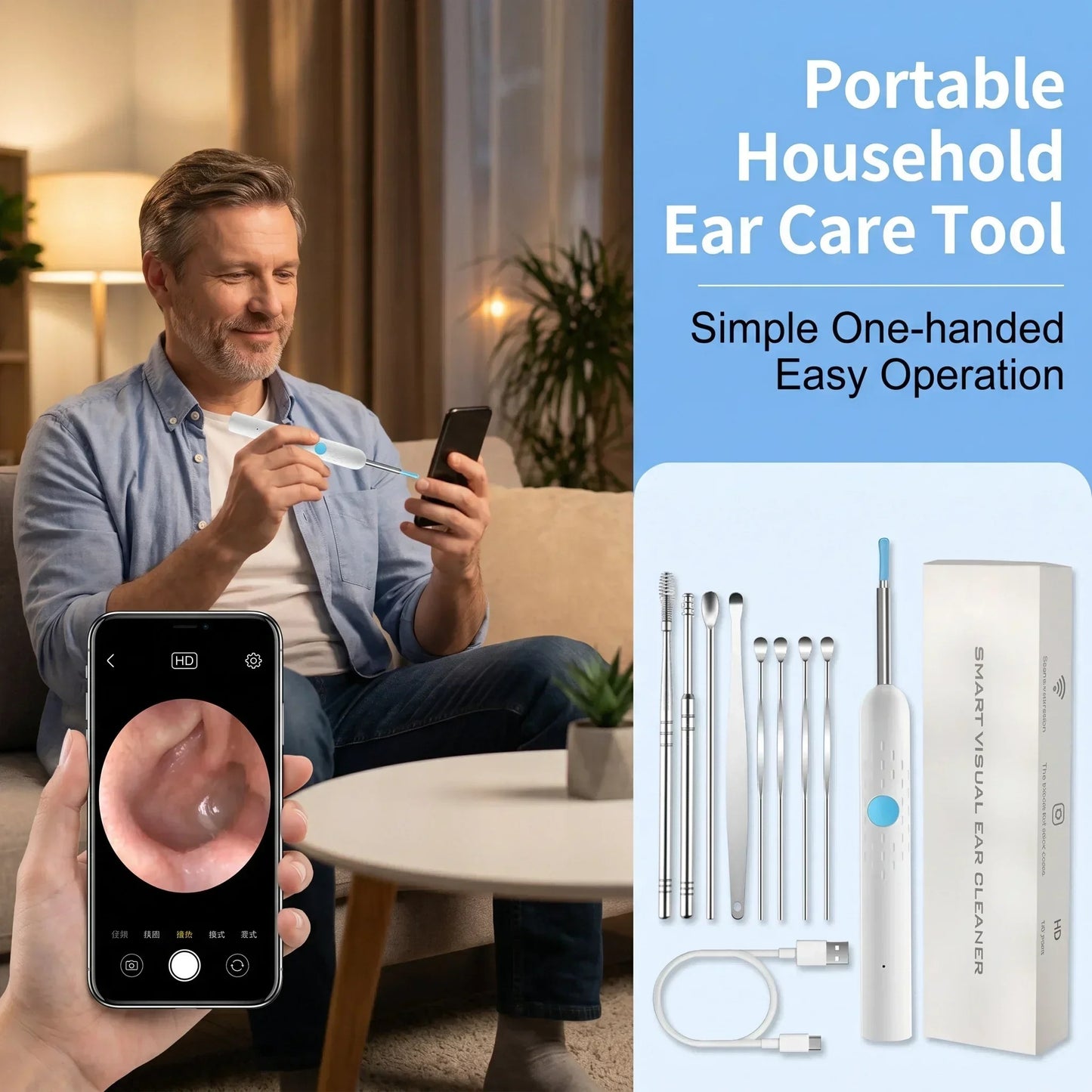Smart Wireless Ear Camera – HD Ear Wax Cleaner with 6 LED Lights & Silicone Tips